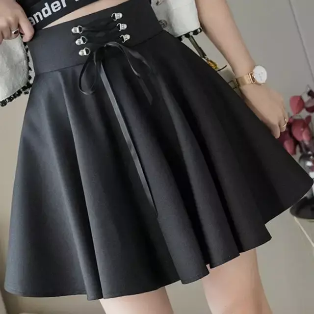 Wszechstronny damski rozkloszowany swobodny spódnica Mini typu Skater z wysokim stanem szkolny gotycka punkowa czarna spódnica Harajuku