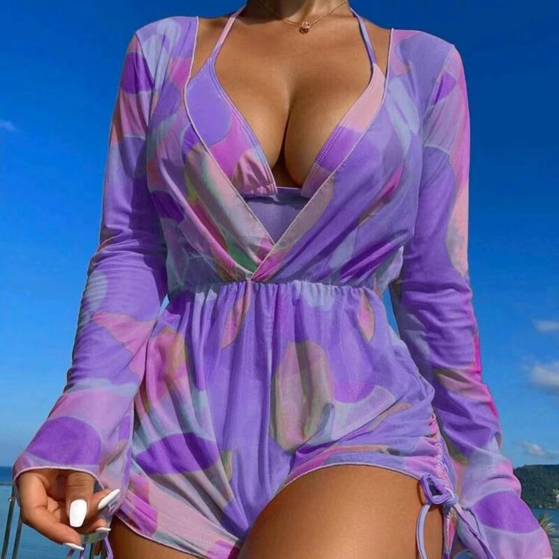2024 new swimsuit jumpsuit long sleeved mesh hoodie, fashionable and comfortable bikini three piece swimsuit bikini