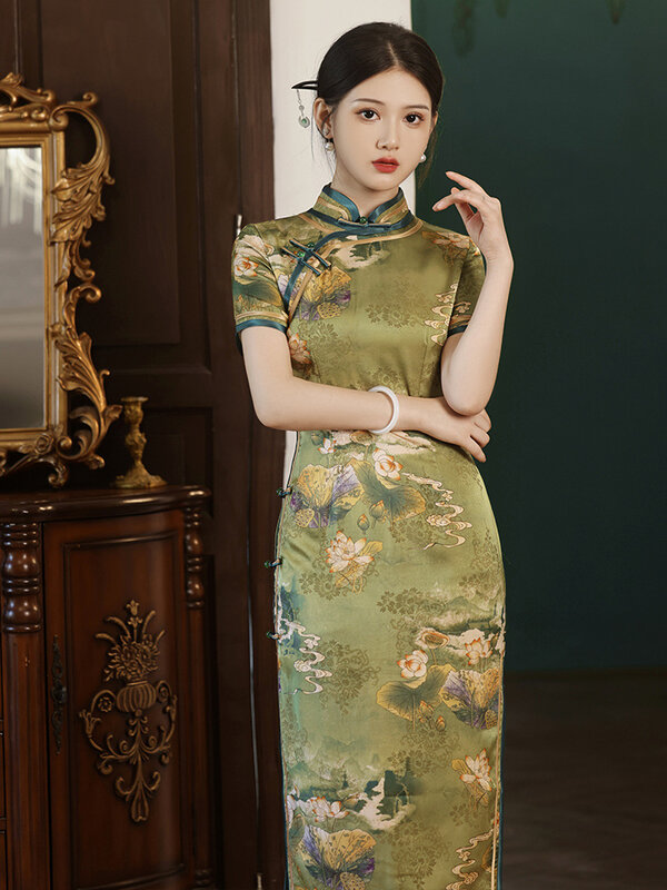Hualuo-vestido Qipao con mangas 2024, largo medio, lateral mejorado, ocho botones, doble capa, primavera y otoño, novedad de 3/4
