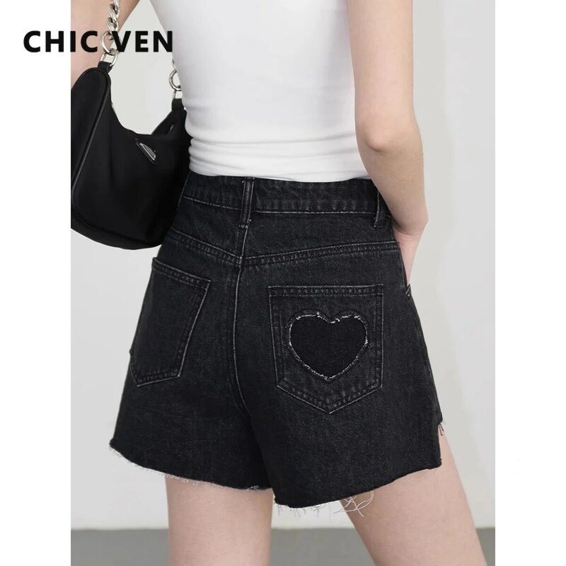 CHIC VEN-shorts jeans de cintura alta para mulheres, bainha assimétrica, borda de pele monocromática, curta feminina, monocromática, verão, 2021, novo