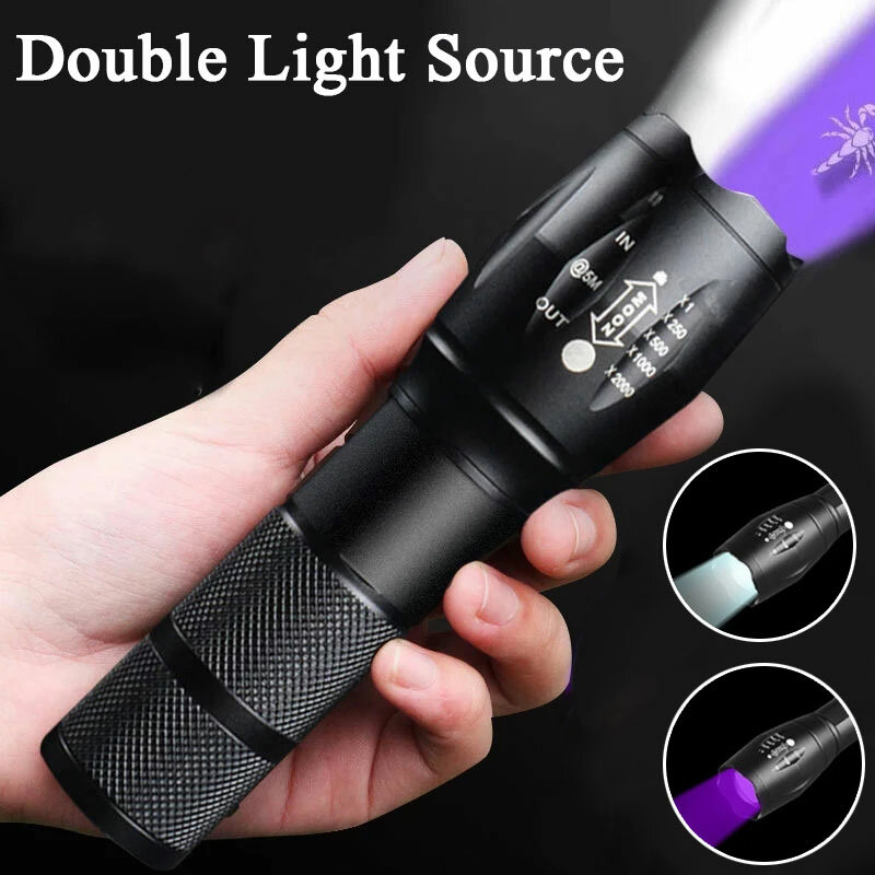Linterna LED ultravioleta de doble luz, lámpara retráctil con Zoom, detección de agente fluorescente, color púrpura y blanco