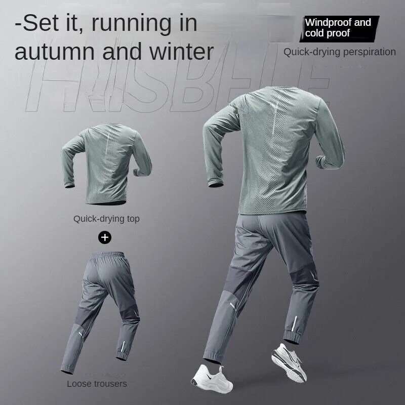 Terno esportivo de secagem rápida masculino, conjunto de equipamentos de ginástica soltos manga comprida, roupas de corrida ao ar livre, primavera e outono