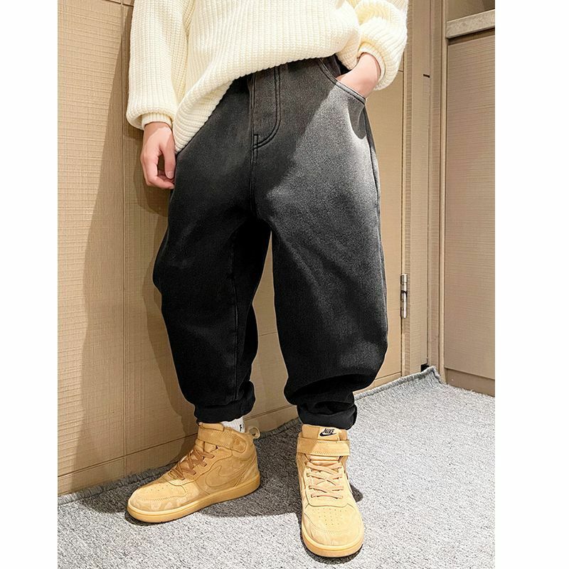 Осенне-зимние модели для мальчиков джинсы с флисовой подкладкой Новинка 2022 детские зимние утепленные цельные бархатные брюки для детей старшего возраста