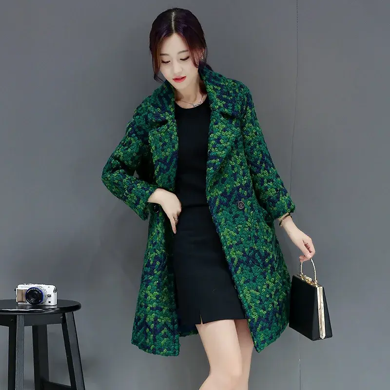 Wysokiej jakości wełniany płaszcz damski plus size 2024, damski płaszcz w kratę, koreański, wyszczuplający średni długi wełniany płaszcz