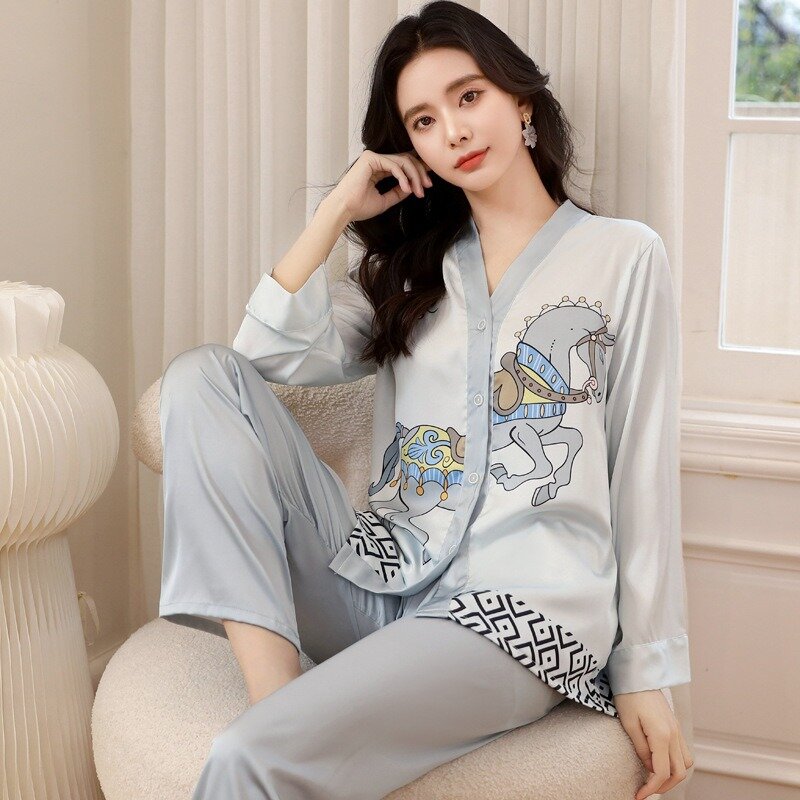 Conjunto de pijama com estampa de luxo para mulheres, quimono decote V, casual Homewear, seda cetim como pijamas, serviço feminino, novo, 2023