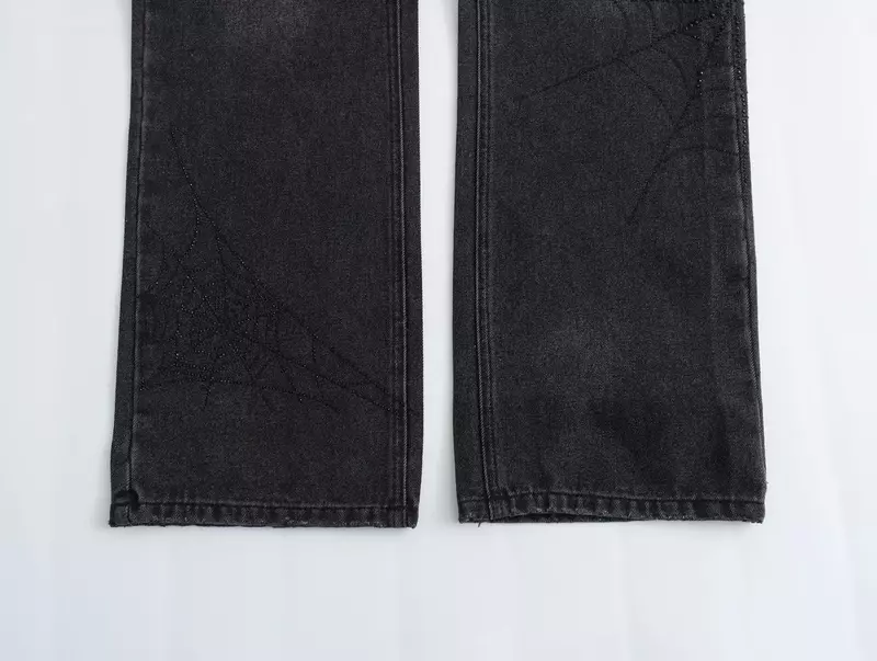 Женские джинсы с широкими штанинами, повседневные винтажные брюки со средней талией и боковыми карманами, украшенные яркими бусинами, 2023
