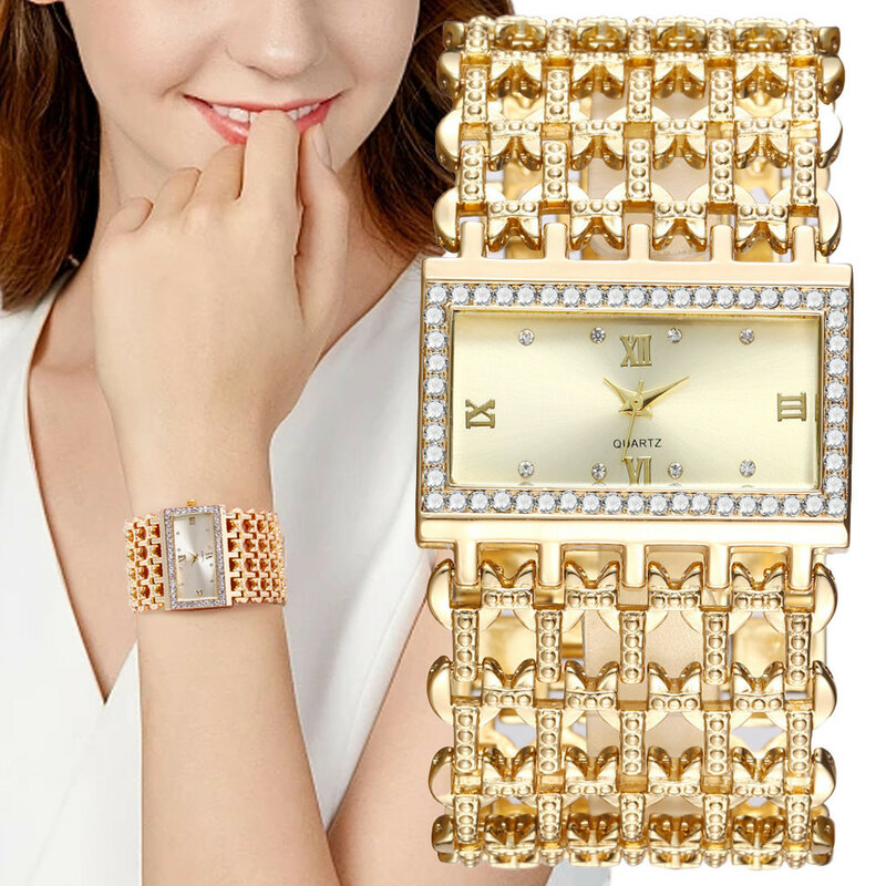 UTHAI W29 nowy zegarek dla kobiet modne oświetlenie luksusowe kwadratowe diamentowe zegarki kwarcowe zegarek damski złota bransoletka ze stali nierdzewnej