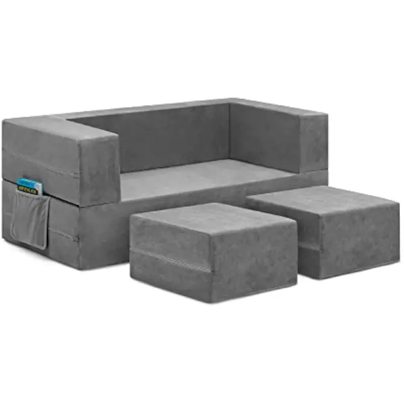 Convertible sofa and playset for children and toddler Modular foam sofa and reclining chaise longue with 2 ottomans, grey