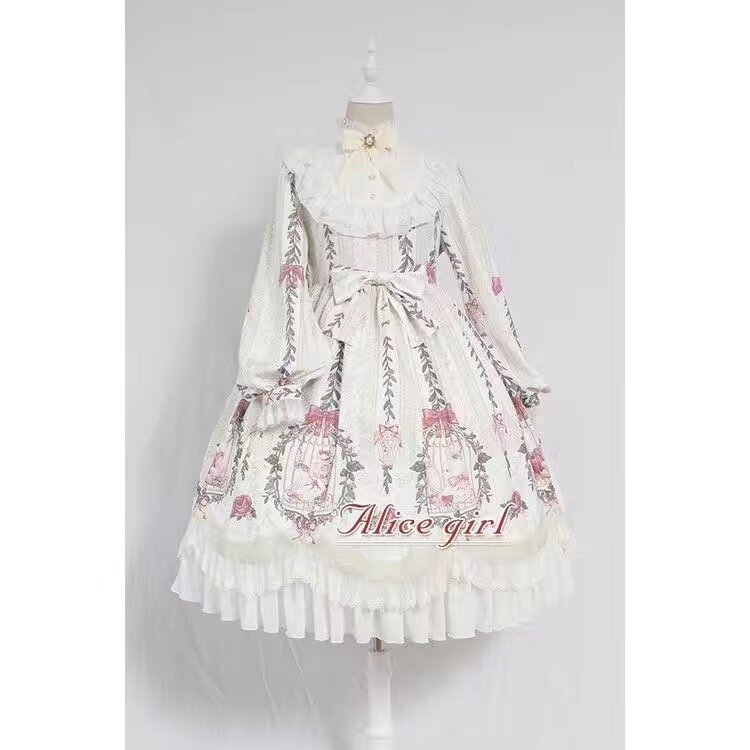 Lolita dress sweet lolita cage dream bow tie OP long-sleeved dress retro victorian dress kawaii girl gothic lolita (Not Alice)