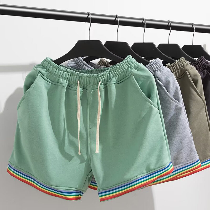 Shorts de ginástica arco-íris magras patchwork masculino, streetwear amigável para a pele, shorts esportivos respiráveis, shorts masculinos casuais