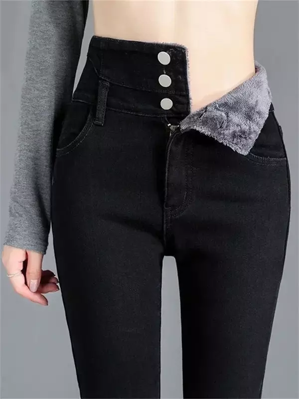 Ciepłe spodnie damskie haremowe dżinsy dla mamy jeansowe z wysokim stanem Streetwear 2024 koreańska moda jesienno-zimowa polar damski Z109