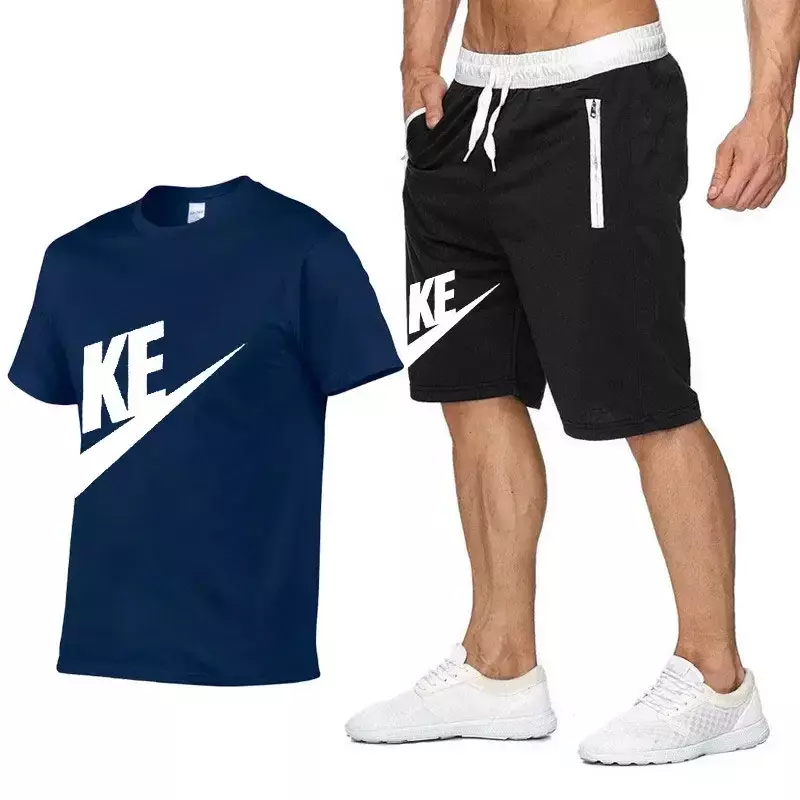 Set pakaian Set pria lengan pendek, kaos katun cetak + celana pendek, pakaian Jogging pakaian olahraga pria 2024