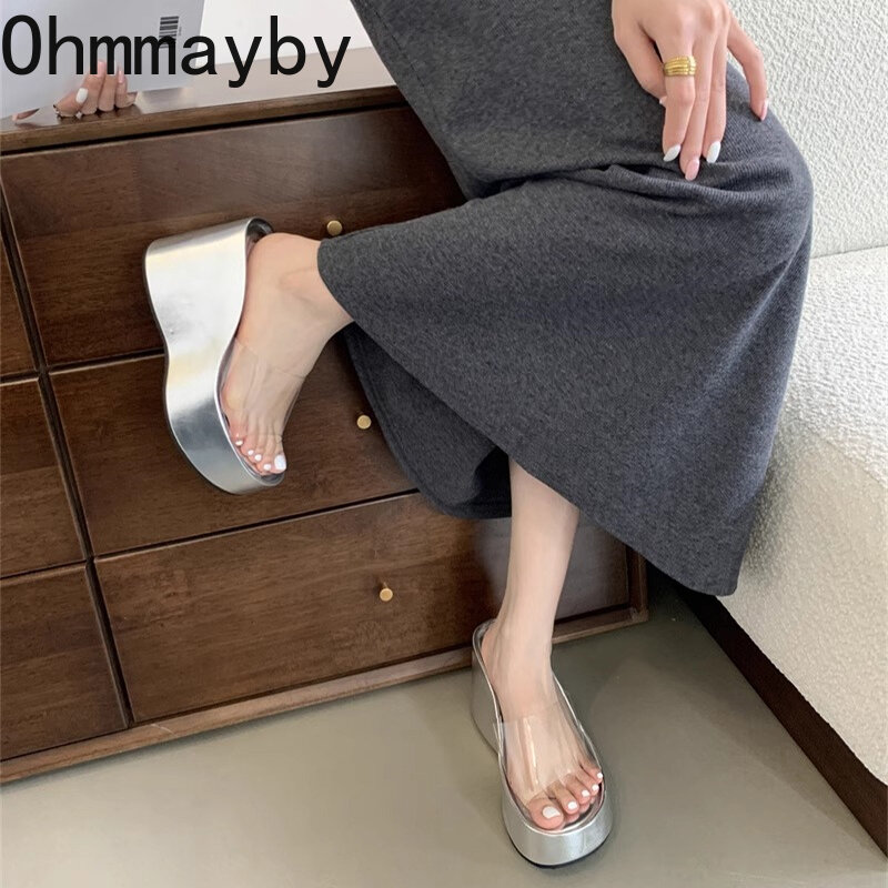 2024 Summer Chunky Woman Slippers Fashion PVC Transparent Platform Wedges Heel Slides Ladies Casual Outdoor Beach Shoes