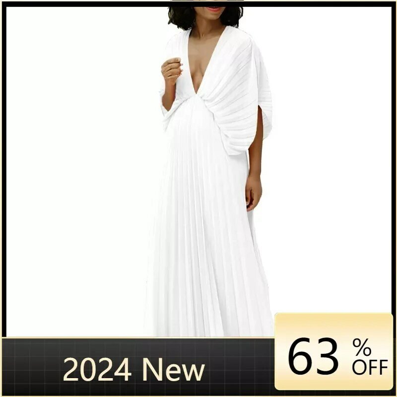 Vestido longo africano para mulheres, manga morcego, decote em v, vestidos plissados, roupas de festa, plus size, verão, 2022