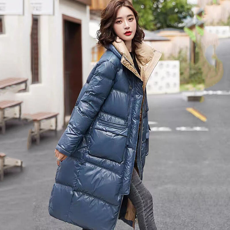 Nuovo piumino da donna doppio colletto alla coreana colore piumino invernale freddo caldo cappotto femminile coreano lungo 90% piumino d'oca bianco