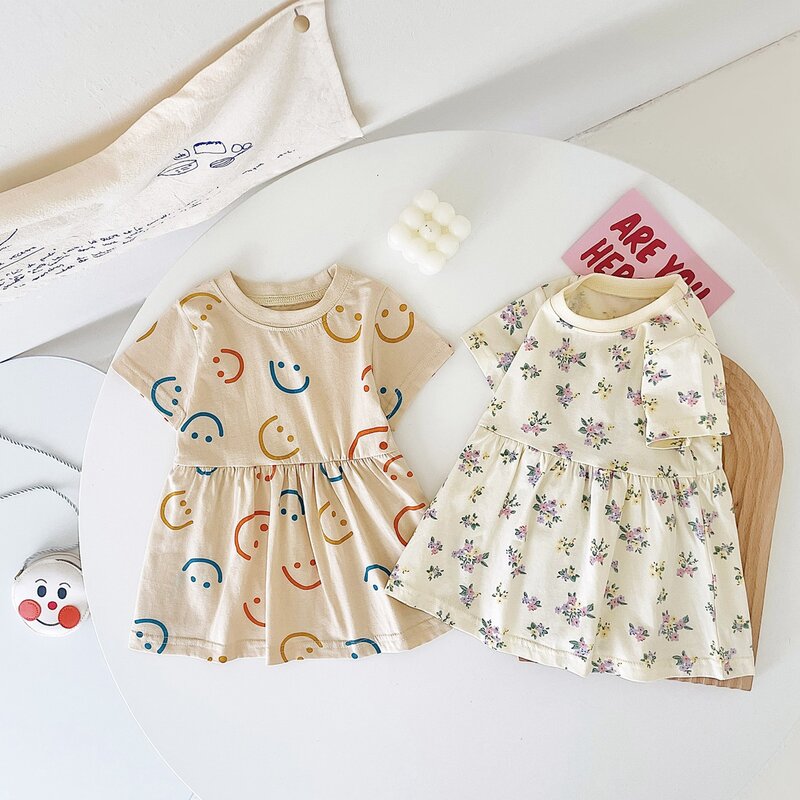 Sanlutoz-Short Sleeve Cotton Baby Dress, Cute Pattern, Casual, Kids Clothing, Girls, Summer