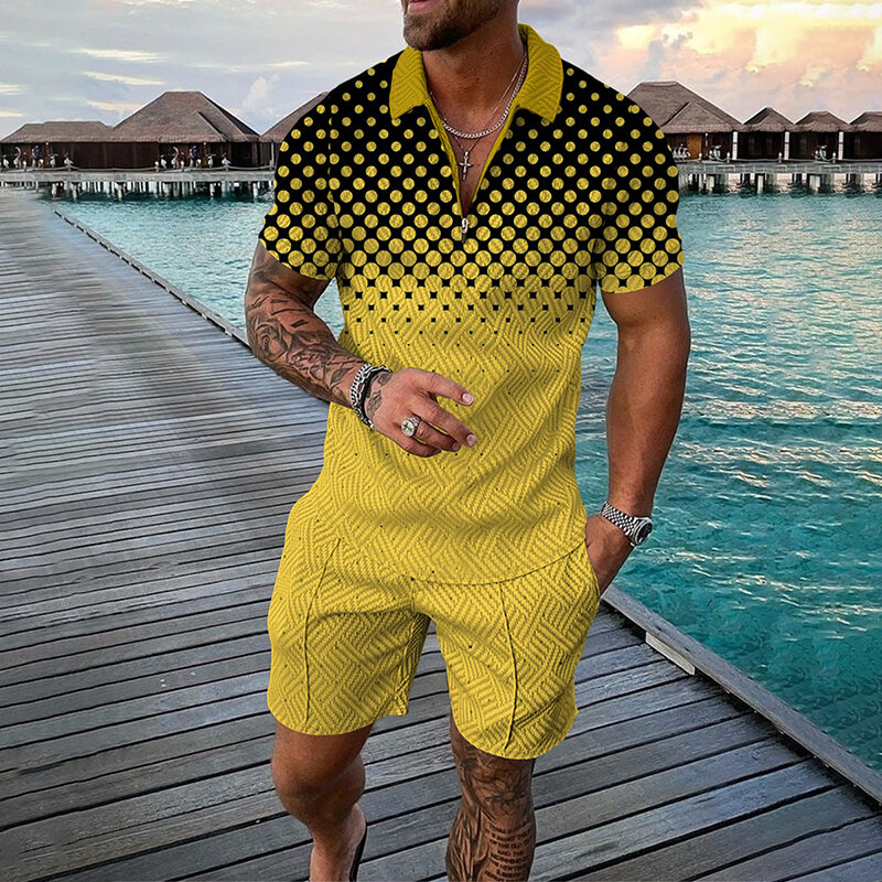 Conjunto de camisa polo de verão masculino, terno casual, agasalho, moda, gola virada para baixo, roupas com zíper, roupa vintage, Havaí, 2 peças