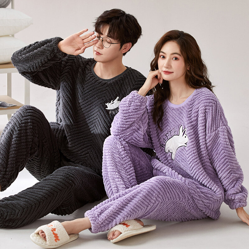 2024 Couple Matching Sleepwear Coral Fleece Winter Warm Pajamas Set Women and Men Thicken Bear Cartoon Cute Nightwear Freeship