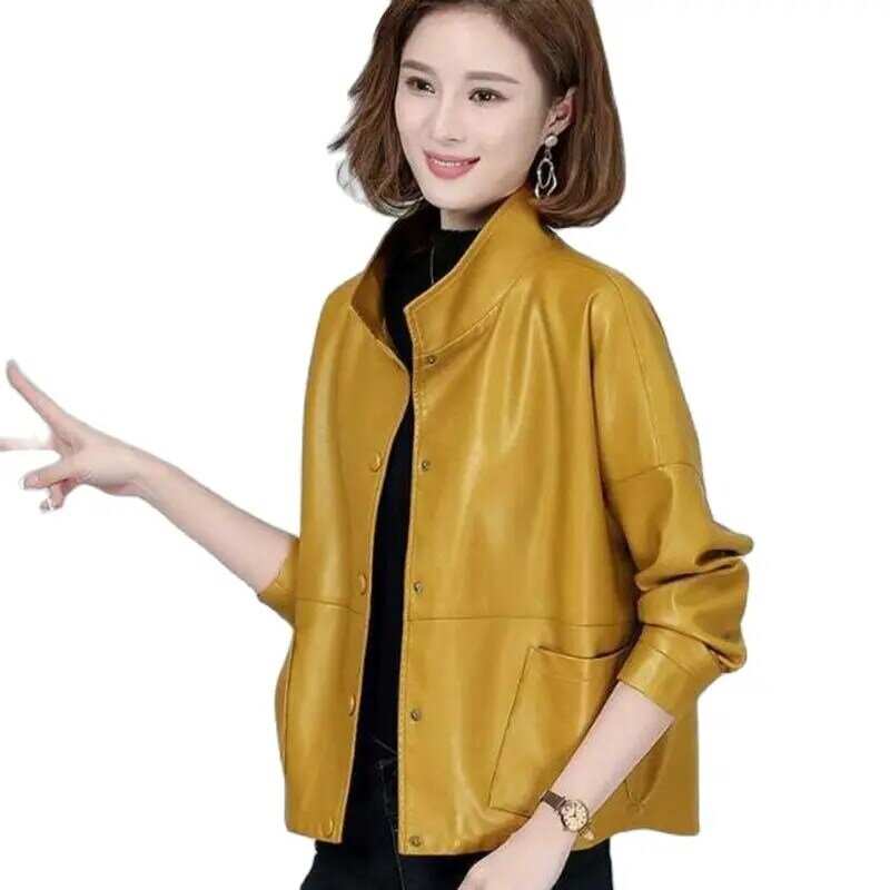 Women's Motorcycle Leather Coat NEW 2023 Spring Autumn Jackets Fashion Pu Imitation Sheepskin Leather Outwear Tops Female 4XL