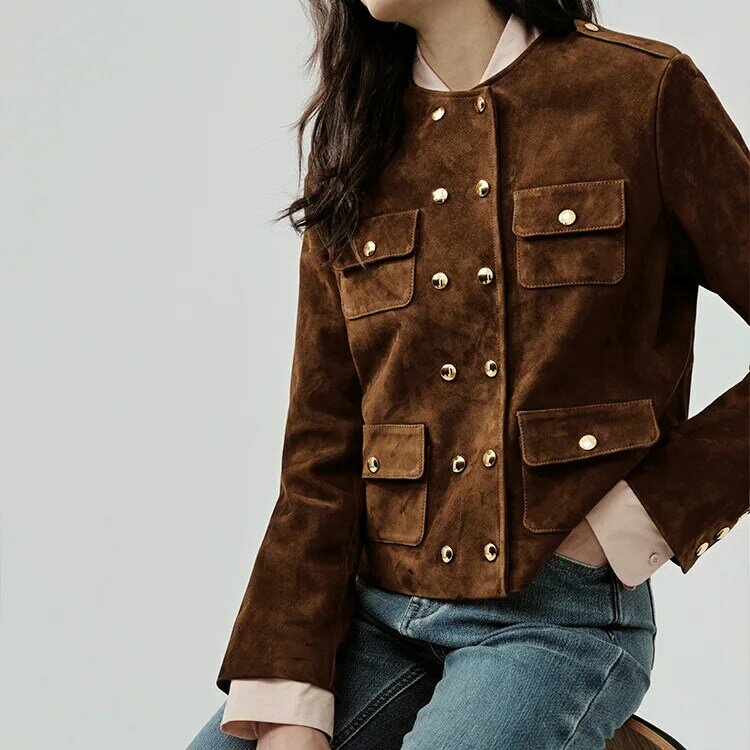 2023 New Style  Women Genuine Cowhide Frosted Suede Double Breasted Round Neck Short Jacket