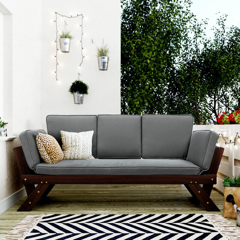 Outdoor Adjustable Patio Wooden Daybed Sofa Chaise Lounge with Cushions for Small Places Brown Finish+Beige Cushion