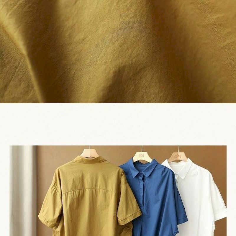 Blusa 95% de algodón para mujer, camisa informal holgada de manga corta con media hebilla, Color sólido, camisas finas de gran tamaño, tendencia de verano