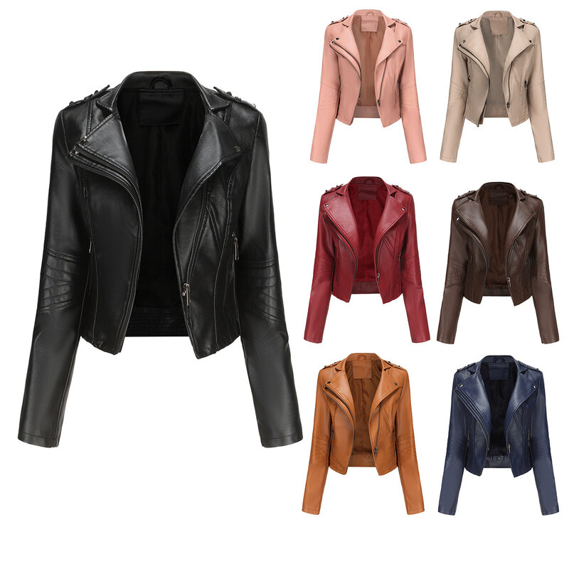 2024 Ladies New Slim-Fit Long-Sleeved PU Leather Clothing Fashionable Rivet Short Zipper Leather Jacket