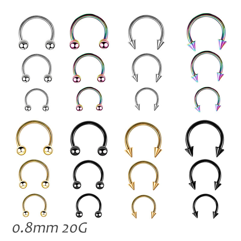 6Pcs Septum Nose Piercing Ring Circular Horseshoe Barbells for Ear Lip Eyebrow Body Pirercing Ball Cone CBB Steel Hoop 20G 0.8mm