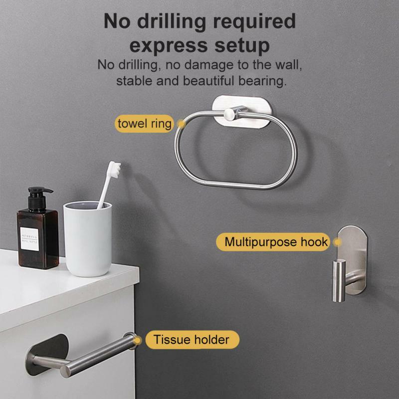 Stainless Steel Towel Holder Self-adhesive Bathroom Towels Rack Black Washhand Hanger Ring Rail Bar Kitchen Storage Accessories