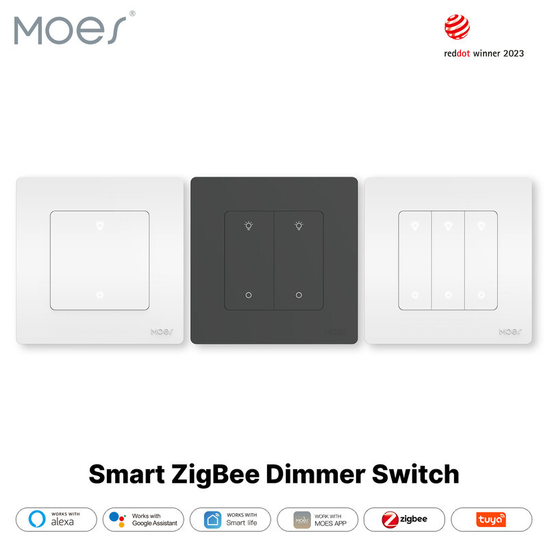 MOES-ZigBee Interruptor Dimmer Inteligente, Série Star Ring, Escurecimento da Luz, Smart Life App, Trabalhar com Alexa, Google Home, 1-3Gang