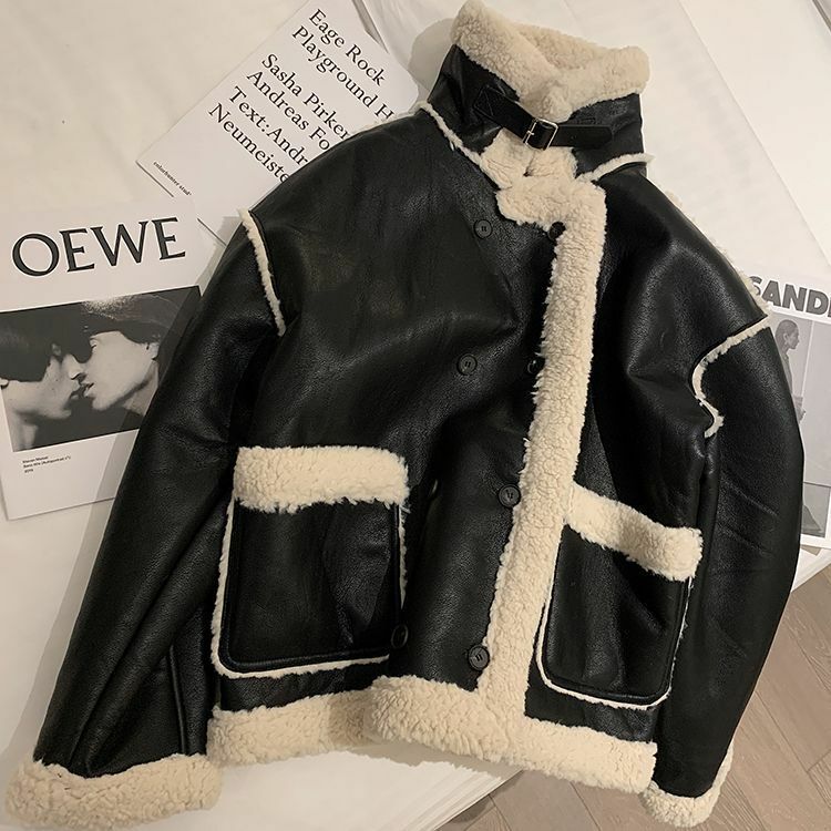 Куртка из искусственной кожи ягненка, Женское пальто 2023, Зимняя Толстая теплая парка, женская верхняя одежда, Корейская свободная овечья шерсть, мотоциклетная одежда