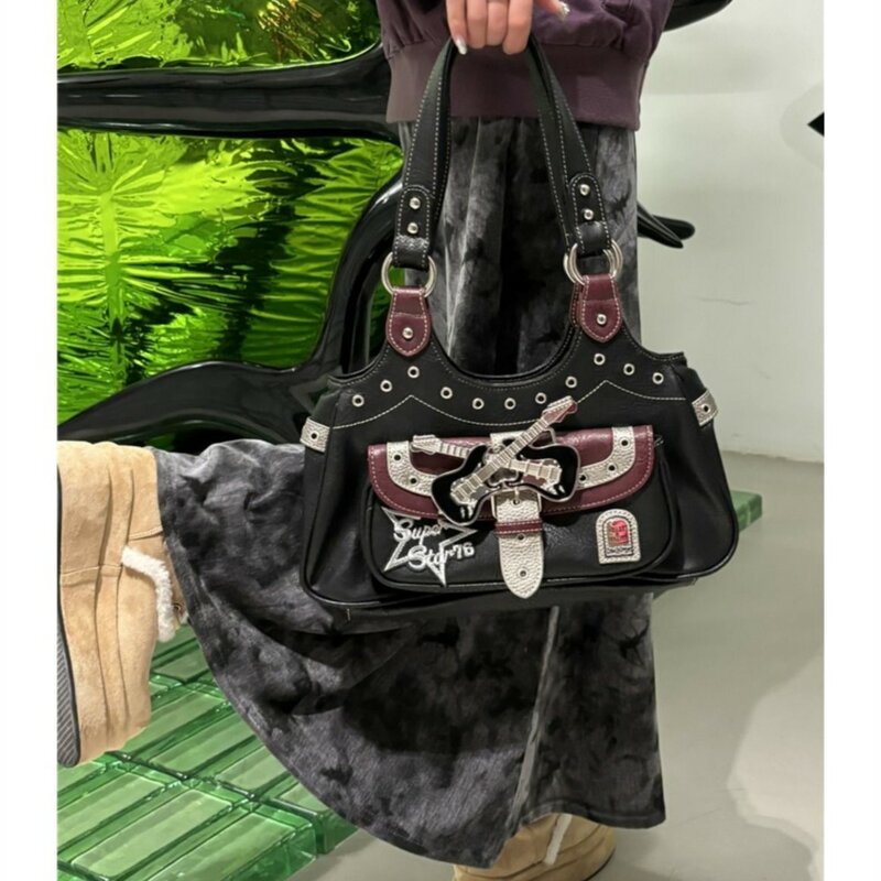 JIAERDI Gothic Punk Y2k torby damskie Harajuku estetyczna skórzana patchworkowa torebka na co dzień kobiece Vintage czarne torby na ramię Chic