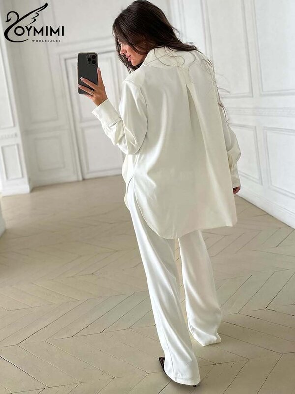 Oymimi ชุดเสื้อผ้า2ชิ้นสำหรับผู้หญิง, ชุดเสื้อผ้าแฟชั่นสีขาวมีกระดุมและชุดกางเกงขาทรงกระบอกเรียบง่าย