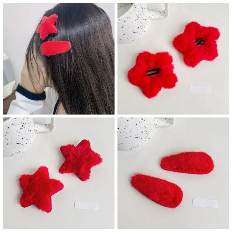 1pair Waterdrop Plush Star Hair Clips Barrettes Red Color New Year Hairpins Korean Style Hair Side Clip Star Duckbill Clips