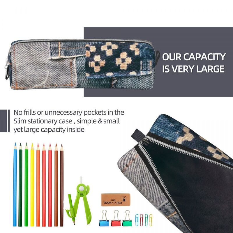 Fashion Denim Patchwork Pencil Case Pencil Pouch Pen Box for Student Big Capacity Bags Students School Zipper Stationery