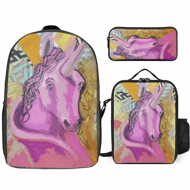 Durável Cozy Rucksack Set, Lunch Bag, Pen Bag, Viagem Graphic Vint, 3 em 1, 17 ", apto para venda, El Unicornio rosa