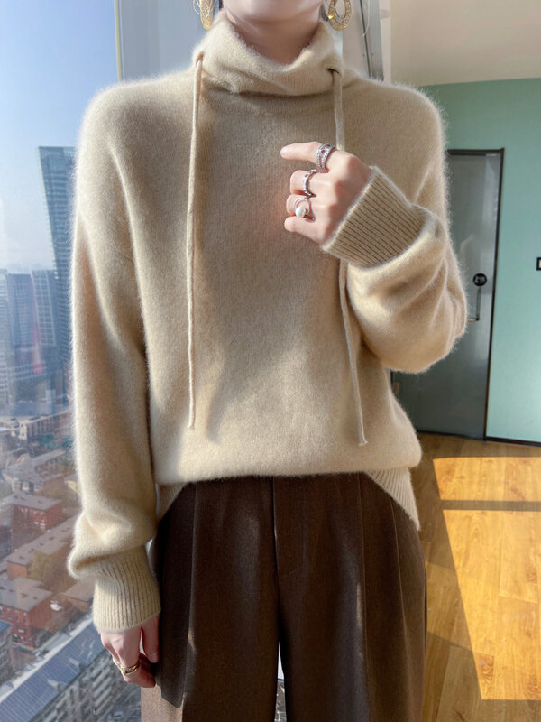Suéter de lã merino feminino, gola alta, manga comprida, pulôver de malha de caxemira, top básico versátil, jumper, monocromático, outono, inverno
