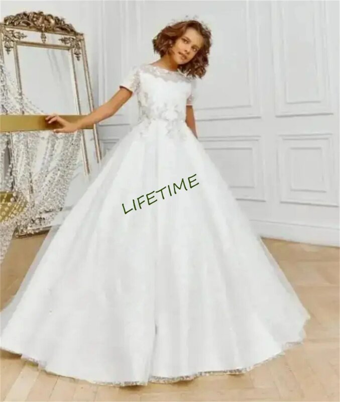 Vestido de encaje blanco para niña, apliques de tul, Princesa, longitud hasta el suelo, fiesta de boda, primera comunión