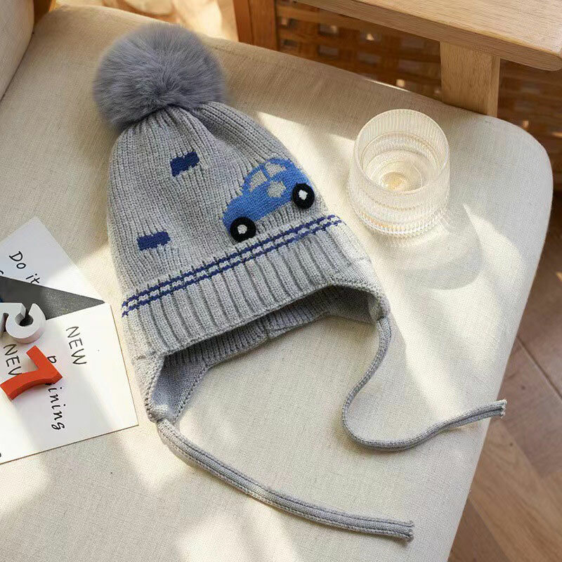 Winter Baby Boy Hat with Earflap Big Pompom Knitted Kids Beanie Cap Cute Car Dinosaur Thick Fleece Lining Toddler Bonnet Hats