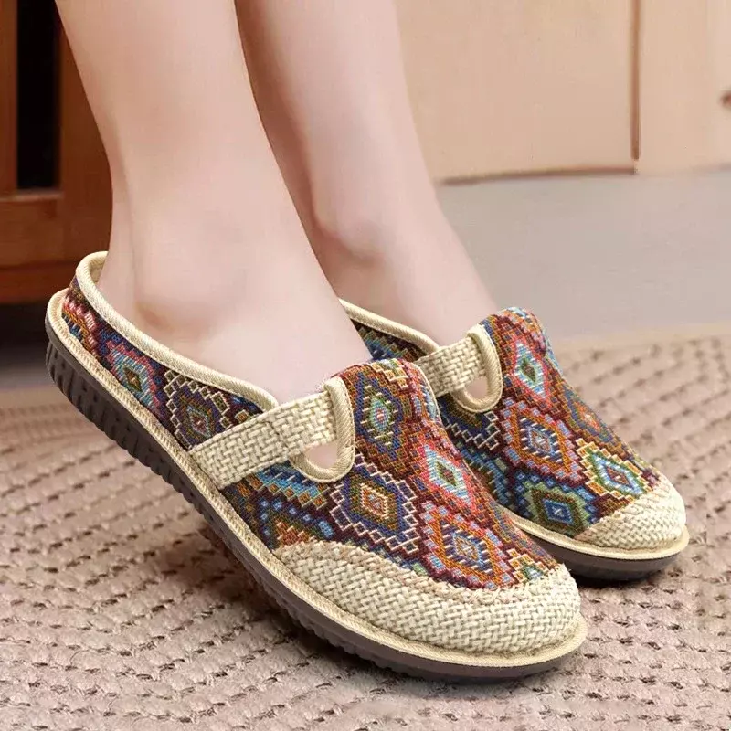 Fashion Women's Shoes Ethnic Style Embroidered Linen Breathable Outdoor Casual Slippers Shoes for Women Zapatos De Mujer 2024
