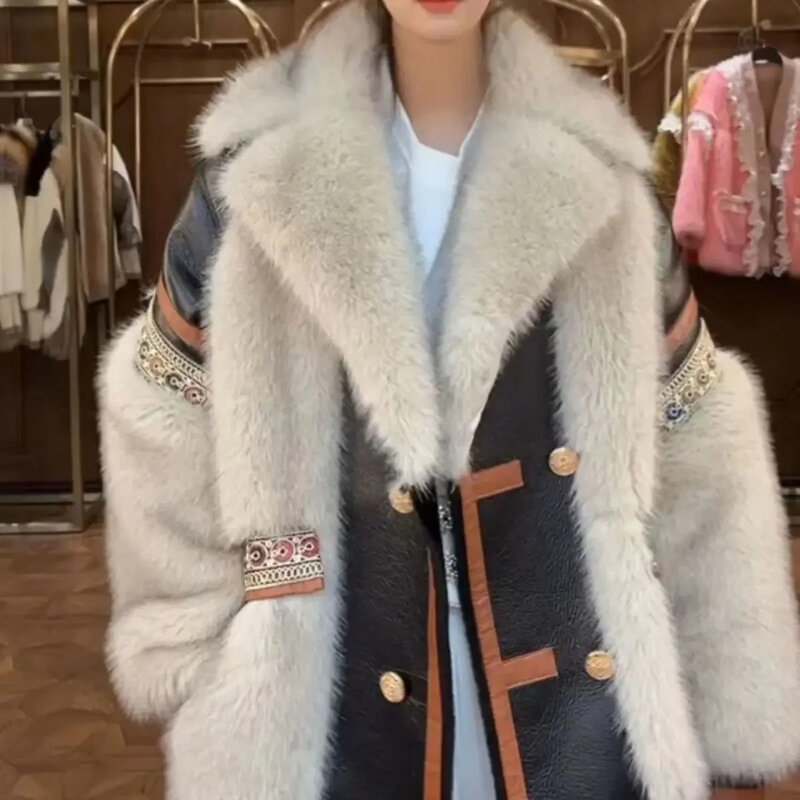 여성용 가죽 재킷, 인조 모피 코트, 긴팔 빈티지 스트리트웨어, 럭셔리 브랜드, 두꺼운 재킷 버튼, 가을, 겨울, 신상