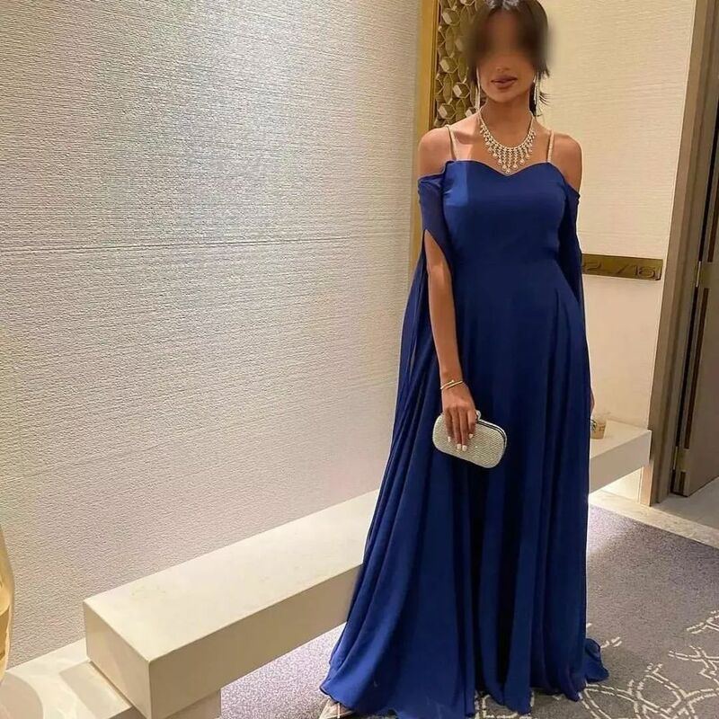 Blue V-neck Tulle Sweetheart Cap Sleeve Floor Length Prom Dress Evening  Backless Illusion Vestido De Festa Mulher Luxo 2023