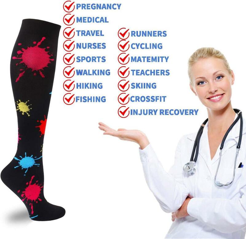 Neue Kompression Socken Sport Laufschuhe Geometrische Muster Anti Müdigkeit Schmerzen Relief Knie Hohe Schwangere Ödeme Kompression Strümpfe