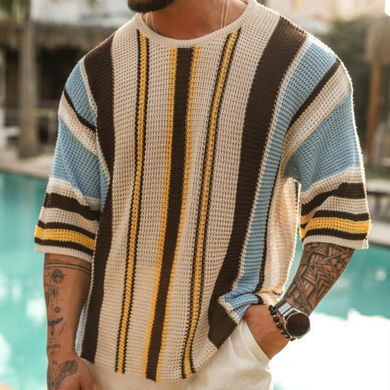 Sweater pria leher bulat, Sweater leher bulat, motif garis-garis, Sweater Pria dengan leher bulat, lengan setengah, warna sesuai, Pullover longgar, untuk musim panas, musim semi