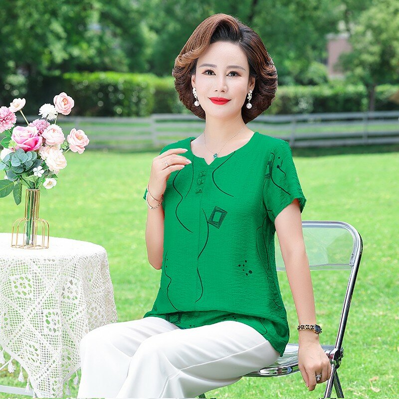Summer Women's Pullover Round Neck Button Folds Fashion Print Slim Fit Short Sleeve Cotton Linen Shirt