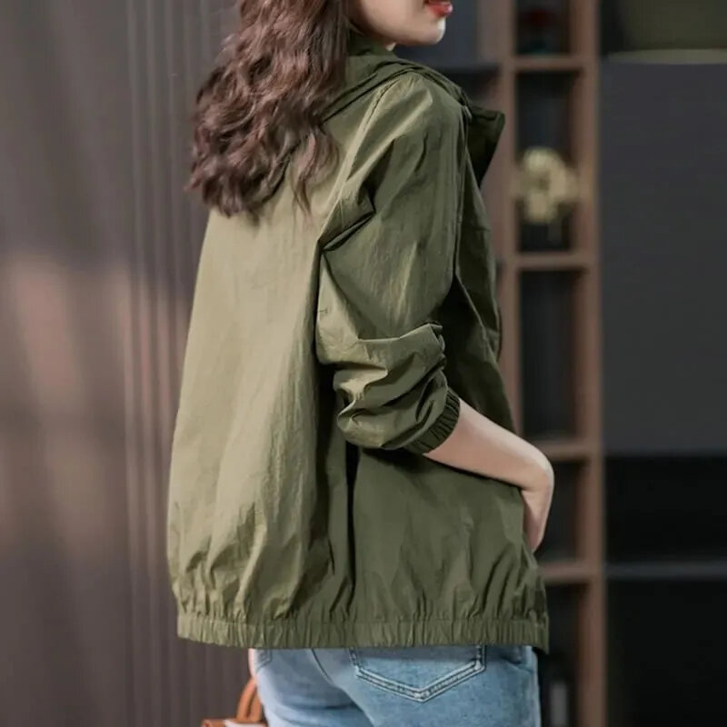 2024 Spring Autumn Thin Women Jackets Casual Short Coats Long Sleeve Solid Hooded Windbreaker Loose Fashion Sunscreen Outwear