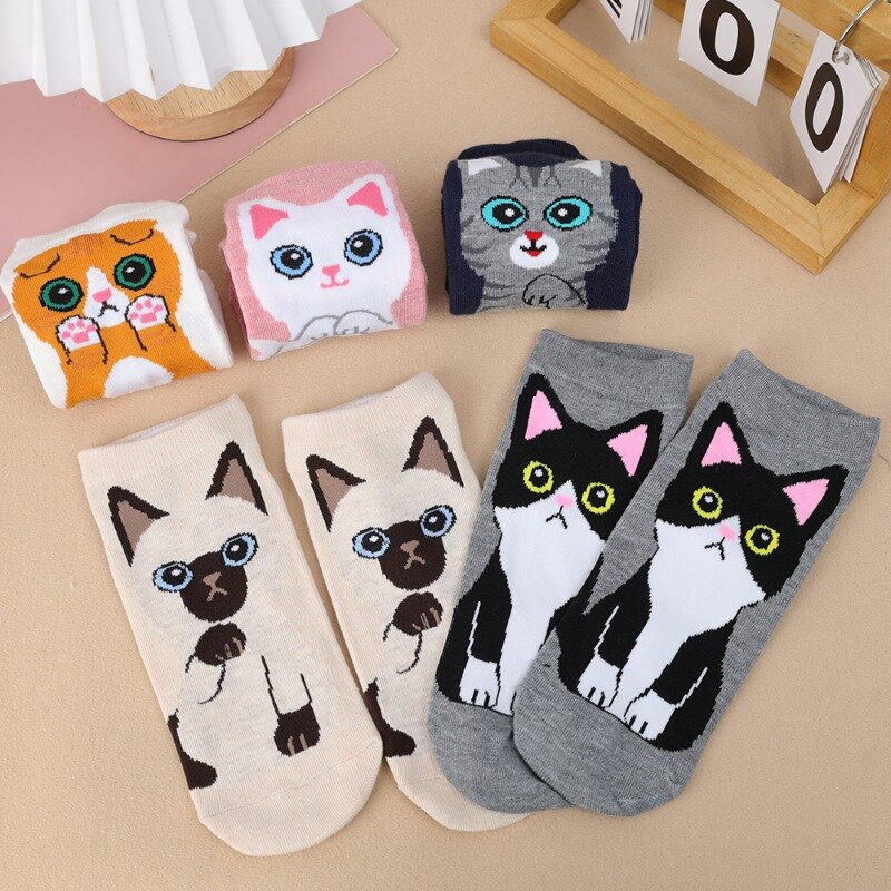 5Pairs Cotton Short Socks Cat Puppy Dog Animal Socks Ladies Girls Cute Breathable Casual Sox Autumn Winter Girls Anklet Socks