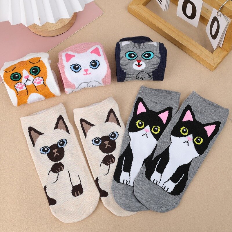 Meias curtas de algodão para senhoras, gato, cachorro, cachorro, animal, fofo, respirável, casual sox, tornozeleira para meninas, outono, inverno, 5 pares