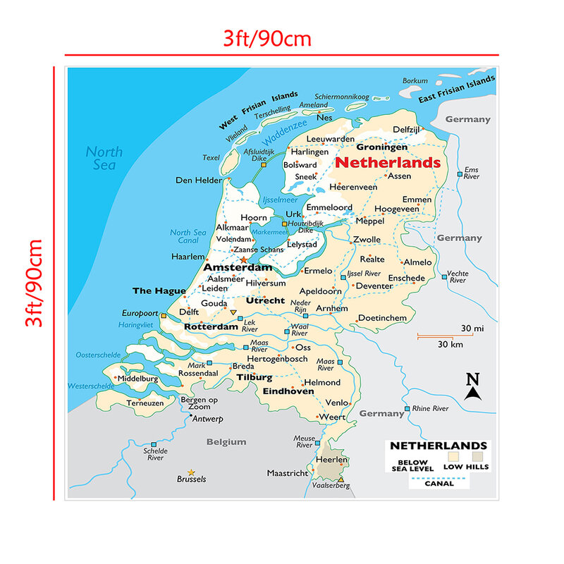 네덜란드의 지형 맵 부직포 캔버스 회화 벽 아트 포스터 교실 홈 인테리어, 90x90cm, 학용품