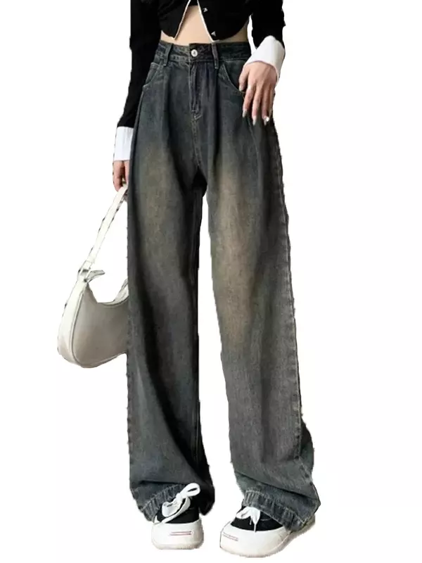 กางเกงยีนส์ทรงแบ็กกี้ผู้หญิงสไตล์วินเทจแบบเรียบง่ายมีซิปล้างเก๋ไก๋สำหรับฤดูใบไม้ผลิของยีนส์เอวสูง